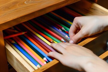hands organizing colored pencils in a desk drawer