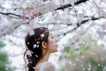 woman standing under cherry trees with petals in hair - obrazy, fototapety, plakaty