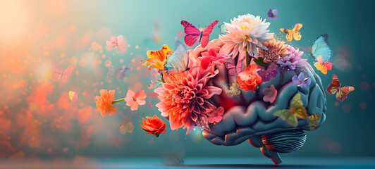 Image of human brain with flowers and butterflies, representing self care, positive thinking, and mental health concept. - obrazy, fototapety, plakaty