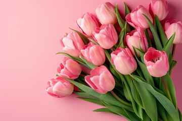 Obraz premium Mother's Day concept. Bouquet of pink delicate tulips on pink background, Top view, space for text