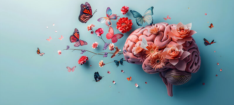 Human brain with flowers and butterflies, representing self care and mental health concept, promoting positive thinking and creative mind.