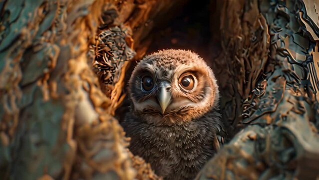owl in tree hole. 4k video animation