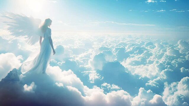 Guardian angel in the clouds of heaven. Spiritual background. Archangel. Heavenly angelic spirit with wings. White angel. Belief. Afterlife. Spiritual Angel. Blessing. Sky clouds with bright light ray