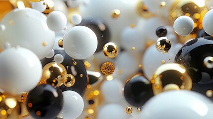Imagine a captivating 3D render featuring a cluster of abstract spheres and solids in gold, white, and black, creating a visually striking and dynamic composition. 