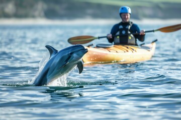 solo kayaker observing dolphin leap beside kayak - obrazy, fototapety, plakaty