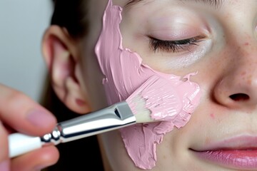 person using brush to apply pink clay mask on cheek - obrazy, fototapety, plakaty