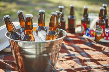 family picnic scene with beer bottles chilling in an ice bucket - obrazy, fototapety, plakaty