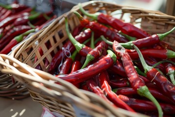 fresh red chili peppers in a basket, one smoldering