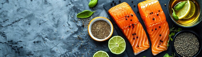 Macro shot of omega 3 rich foods highlighting the role of healthy fats in preventing heart disease - obrazy, fototapety, plakaty