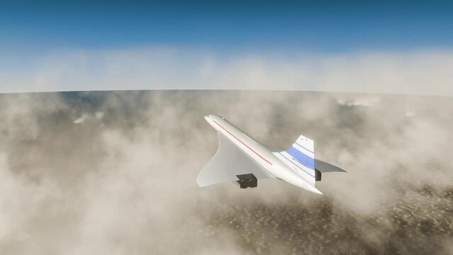 3D animation showing Concorde flying through a cloud layer