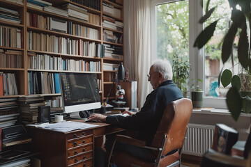 elderly man working on a computer in a home office - 768580329