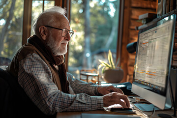 elderly man working on a computer in a home office - 768580368