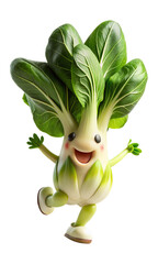 Joyful bok choy character running. A whimsical illustration of bok choy with a happy face and lush green leaves, posed as if in mid-stride. - obrazy, fototapety, plakaty