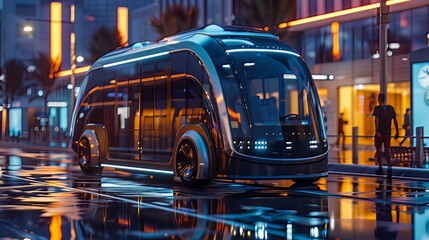Obraz premium In a digital rendering, an autonomous electric bus effortlessly drives along the street, exemplifying the innovative advancements in smart vehicle technology. 