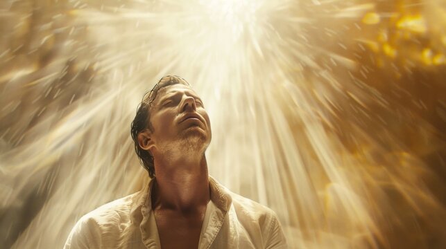 A man stands in front of a bright light, casting a strong shadow on the ground.