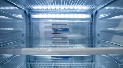 Empty Refrigerator Shelves with LED Lighting. Generative ai