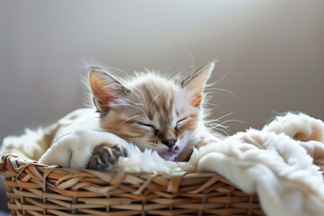 sleeping kitten in wicker basket with soft white throw - obrazy, fototapety, plakaty
