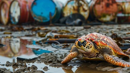 Sea turtle on an oil-polluted coast with oil barrels in the background