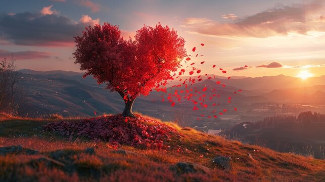 A heart shaped tree stands atop a hill.