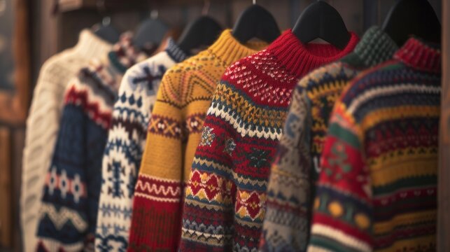 Colorful knitted sweaters lined up neatly on a clothing rack.