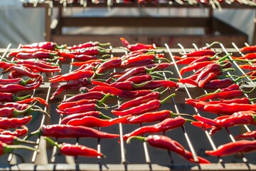 chili peppers drying on racks in the sun - obrazy, fototapety, plakaty