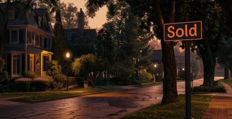A sold sign is brightly lit up on a residential street, indicating a property has been successfully sold. - obrazy, fototapety, plakaty