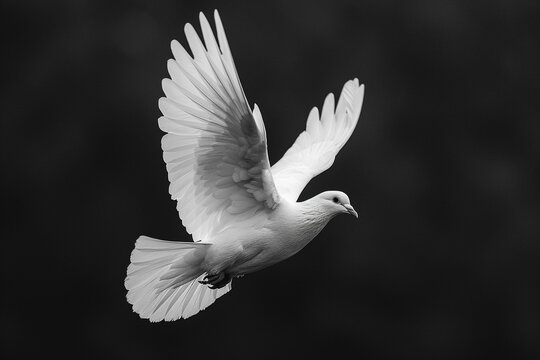 White dove flying isolated on black background and Clipping path freedom on international day of peace concept