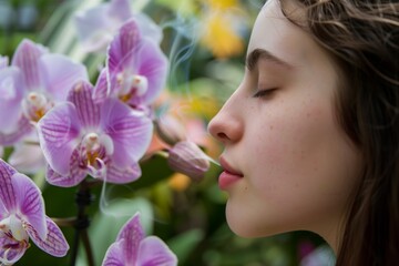 visitor smelling orchids with eyes closed
