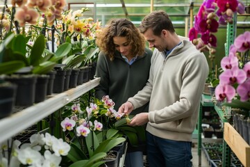 couple selecting orchids to buy, with greenhouse shelves