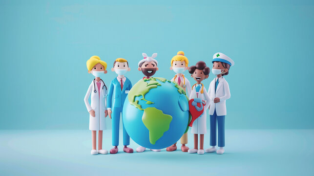 Healthcare professionals with globe, heroes, 3D vector,