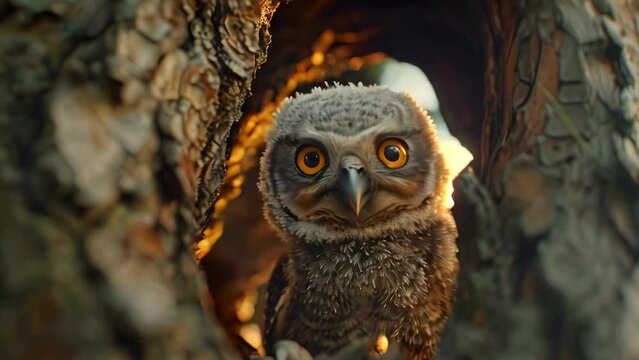 close up owl at tree. 4k video animation