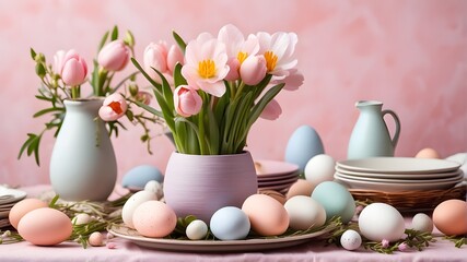 Easter table. Easter holiday table setting with eggs and spring flowers on a pink linen background. Festive tablescapes. Easter brunch.