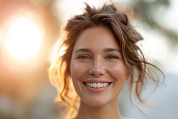 Fototapeta premium A woman with blonde hair and a smile on her face. She is wearing a dress and has her hair in a bun