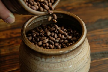 Fototapeta premium filling a ceramic canister with whole beans