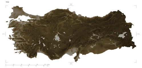 Türkiye shape isolated on white. Sepia elevation map