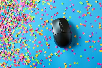 wireless mouse on confetticovered blue desk surface