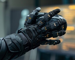 Closeup on a haptic feedback glove being used in a VR simulation, highlighting the gloves technology that simulates touch and texture , cinematic