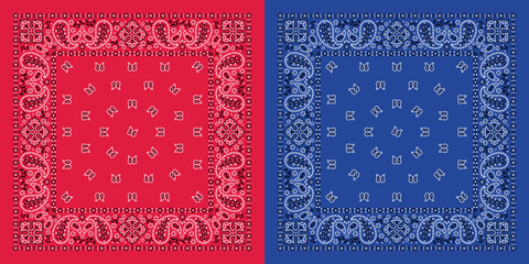 Classic paisley bandana pattern. Red and blue handkerchief. Vector illustration.