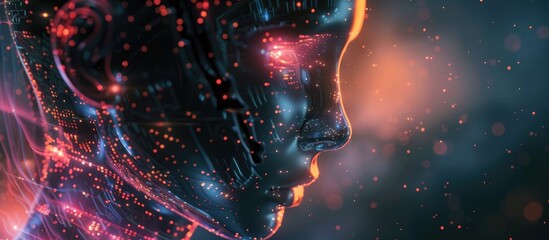 A man staring intensely at the viewer, with eyes glowing brightly against a futuristic, metallic face. The man exudes a sense of power and mystery, hinting at advanced technology or otherworldly - obrazy, fototapety, plakaty
