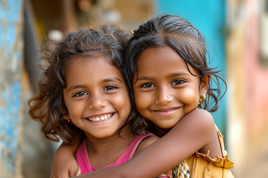 Two young indian girls are smiling and hugging each other. Scene is happy and warm. Two young asian girls smiling