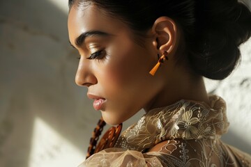 fashion model wearing sandalwood accessory at photo shoot