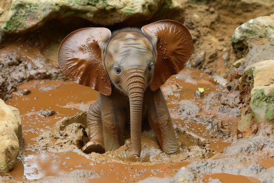 baby elephant sitting in a mud bath, flapping ears - Powered by Adobe