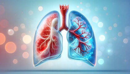 human lungs with a clear delineation between the red oxygenated and blue deoxygenated areas, symbolizing the respiratory process. 3d illustration. - obrazy, fototapety, plakaty