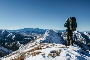 Fototapeta na wymiar hiker admiring view from snowy mountaintop, clear sky