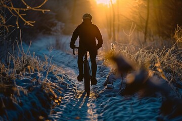 cyclist paused on snowdusted trail, silhouetted by the setting sun