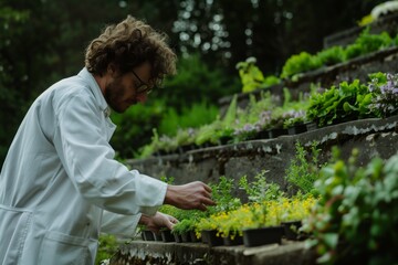 botanist examining plants on a terraced garden level - obrazy, fototapety, plakaty