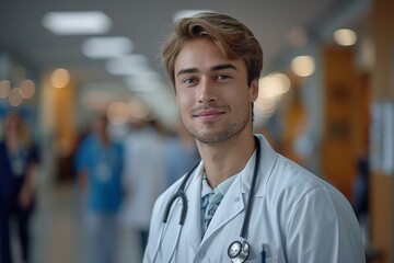 A professional and cheerful Caucasian doctor with a stethoscope smiles confidently embodying trust and expertise