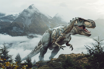 Generative ai on theme of big scary hungry dinosaur with kind eyes and sharp teeth destroying park