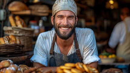 A professional salesman in uniform stands confidently at the store counter smiling representing small business - obrazy, fototapety, plakaty