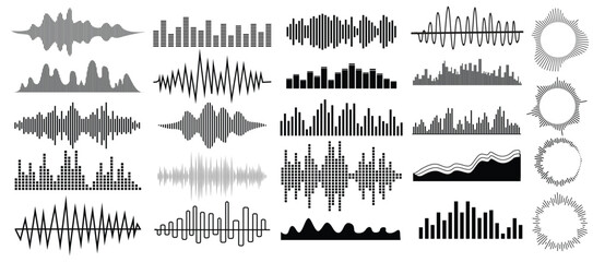 Set Sound vibration waves in different shapes set isolated elements set of vibration and waving lines Vector illustration. - obrazy, fototapety, plakaty